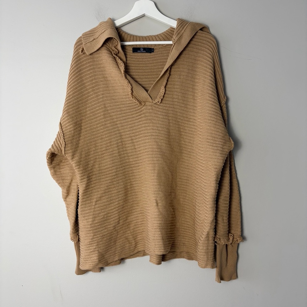 Lillusory Brown V-Neck Cable Knit Sweater Large‎